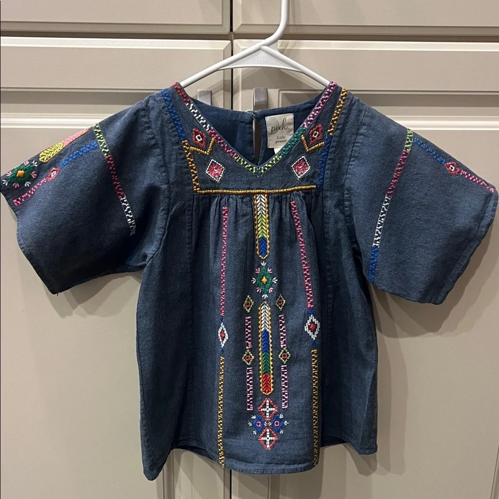 Peek Dark Blue Kids Blouse with Colorful Embroidery Boho
